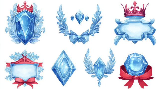 Set of diamond rank frames for game. Vector design of luxury blue germstone or frozen avatar templates decorated with red ribbon, ice leaves, sophisticated royal crown. Collection of round ui