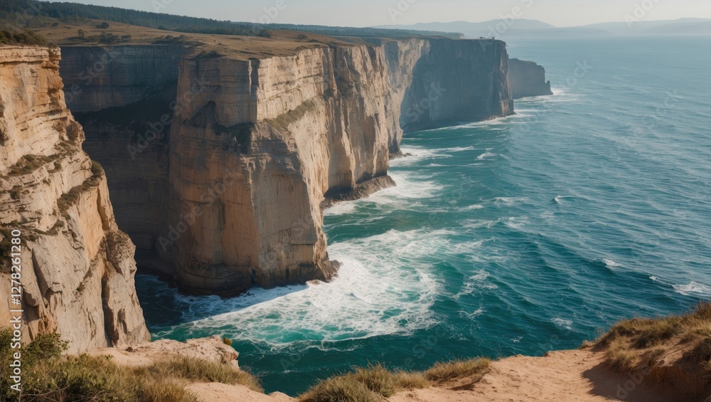 Poster majestic coastal cliffs with crashing waves and serene ocean view featuring ample empty space for te