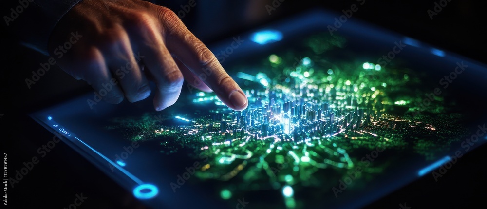 Poster a hand interacts with a glowing digital interface displaying vibrant connections and data points, sy