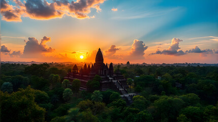 Naklejka premium Sunset Over an Ancient Temple Surrounded by Jungle