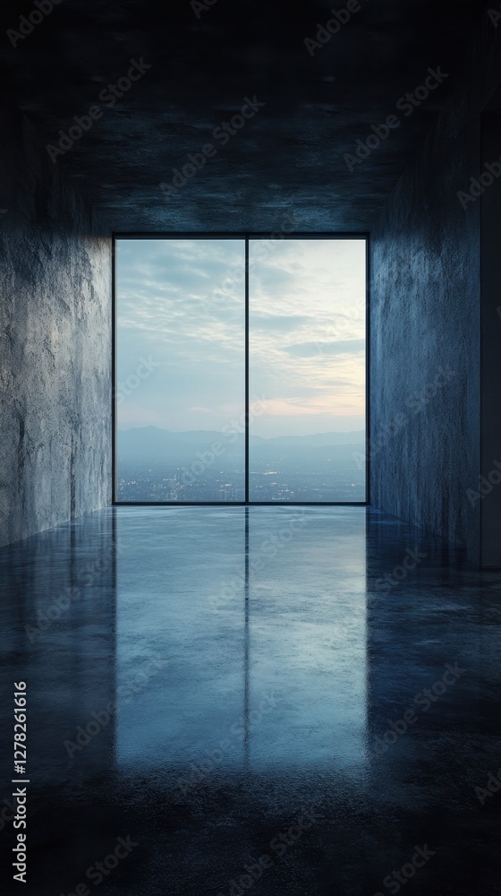 Poster modern empty concrete room with large window overlooking city skyline at dawn providing a sense of m
