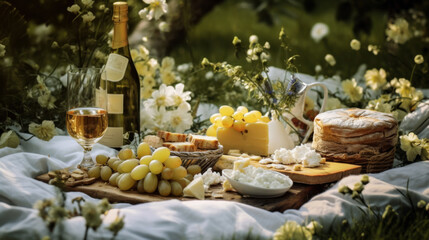 Elegant outdoor picnic spread with champagne, fruits, and desserts in a lush garden setting during golden hour