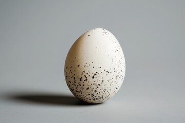 Speckled egg rests on a simple gray surface calmly