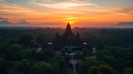 Fototapeta premium Sunset Over an Ancient Temple Surrounded by Jungle