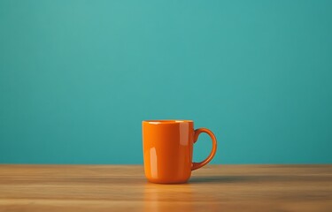 Orange mug on wooden table against teal background.