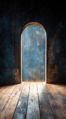 Interior view of arched doorway against textured blue wall and wooden floor with light and shadow