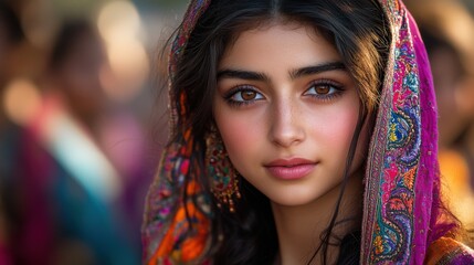 Fototapeta premium Stunning portrait of a young woman with captivating eyes, adorned in a vibrant, intricately embroidered headscarf. Her beauty is enhanced by the rich textures and colors.