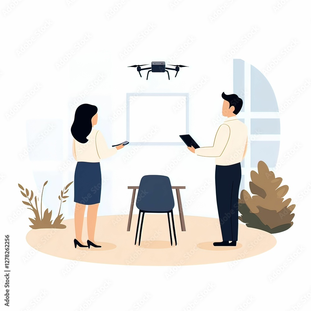 Poster remote worker utilizing drone projector for dynamic presentations in home office modern environment 