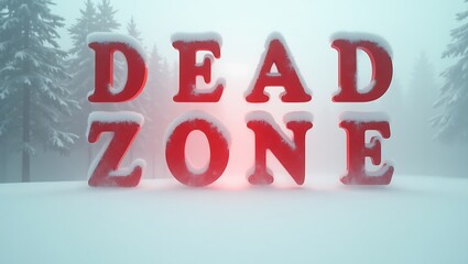 Snow-covered letters spell out Dead Zone in a winter landscape