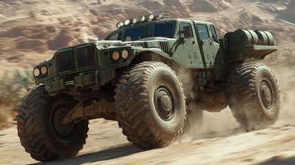 Fototapeta premium High-Performance Military Vehicle Traversing Desert Terrain with Dust Clouds Amidst Sandy Dunes and Rugged Landscape
