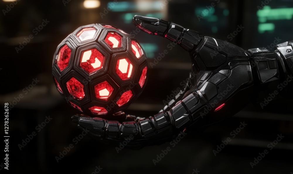 Poster futuristic robotic hand holding a glowing hexagonal orb in a high-tech laboratory setting