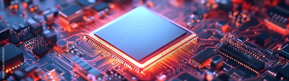 Poster Vibrant Circuitry   Futuristic Technology Concept with Glowing Microchip Processor on Circuit Board  Intricate electronic components integrated circuits and digital technology