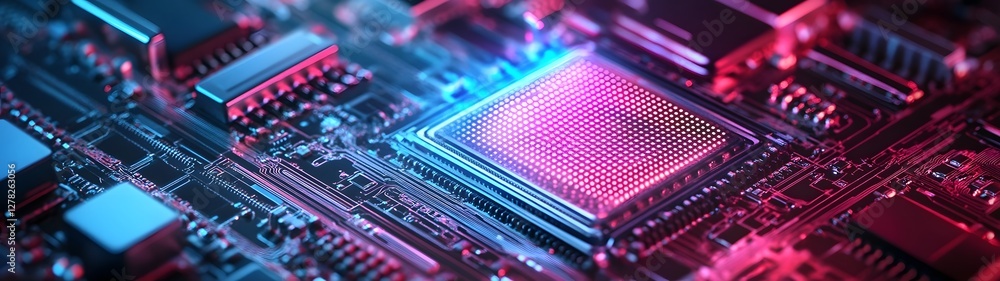 Poster Vibrant circuitry and technological microchips on a computer motherboard or circuit board in a closeup macro shot