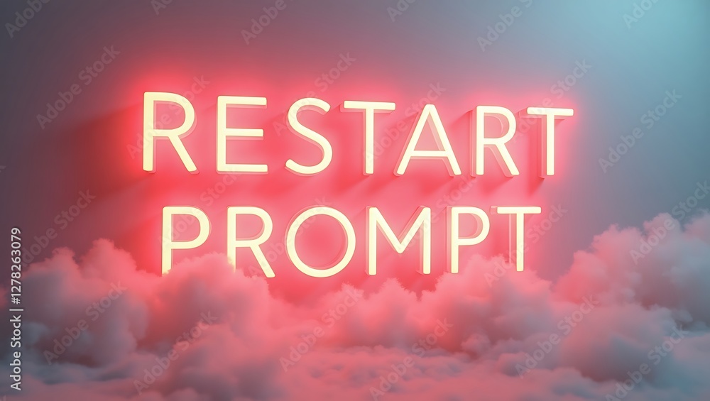 Poster bright neon typography reads restart prompt against soft clouds in a dim setting
