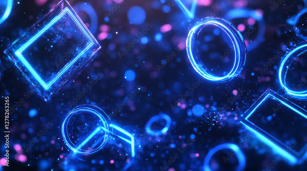 Poster neon light frames set with glowing blue borders on transparent background. glass effect geometric sh