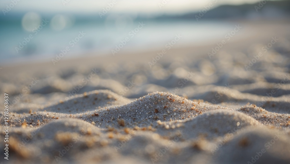 Poster close up view of soft sandy beach with blurred background and space for text or branding content