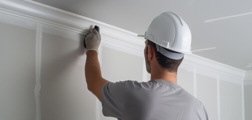 Worker painting wall trim indoors with protective gear and helmet.