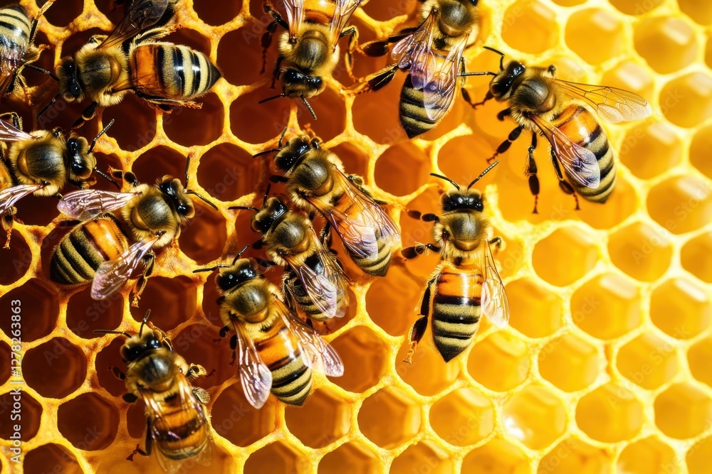 Poster golden honeycomb close up with busy bees creating sweet nectar in a natural beehive structure macro 
