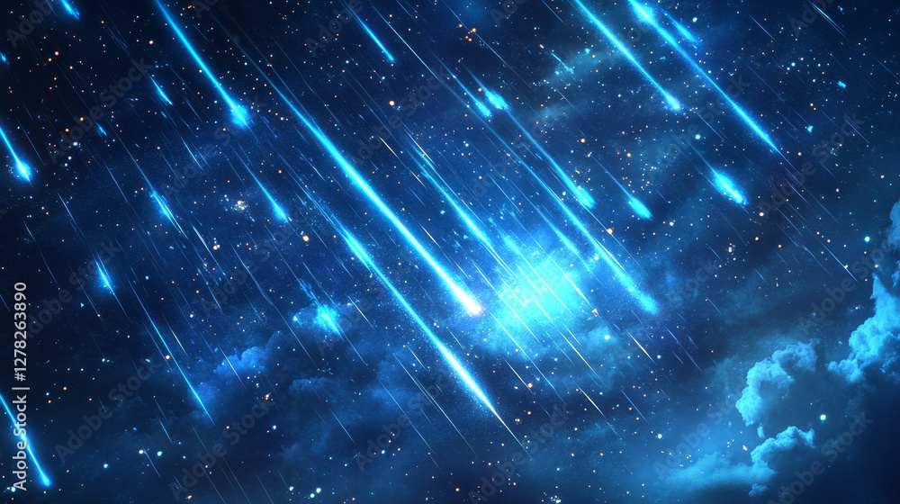Poster light effect of meteor rain. falling stars and comets with blue glow in dark sky. abstract backgroun