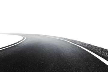 A curved asphalt road with white lines isolated on white background.PNG