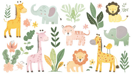 Obraz premium Cute Safari Animal Illustrations Set with Giraffes, Elephants, Lions and Leaves in Pastel Colors.