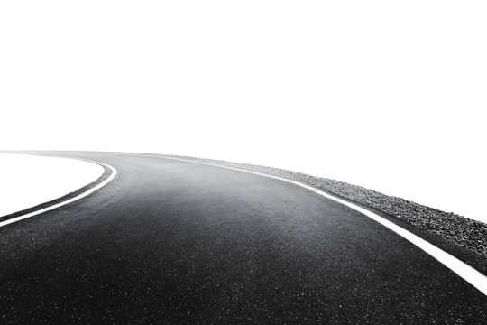 A curved asphalt road with white lines isolated on white background.PNG