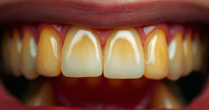 Yellowest teeth in mouth of a smoker. Need for immediate dental care and whitening in clinic