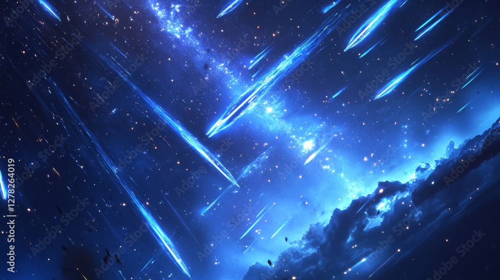 Poster light effect of meteor rain. falling stars and comets with blue glow in dark sky. abstract backgroun