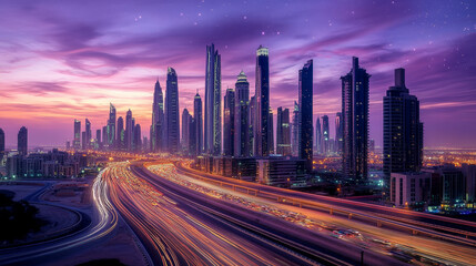 Fototapeta premium Modern city highway in lights of sunrise. Vector cartoon illustration of urban road perspective, sun rising in pink and purple dawn sky with stars, office and housing skyscraper buildings, cityscape