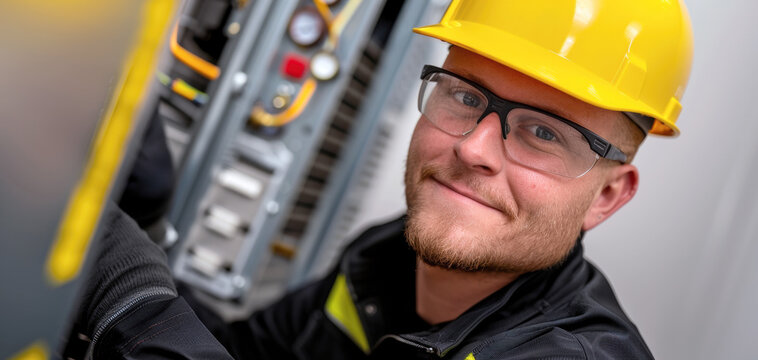 Smiling electrician in safety gear working on electrical equipment.