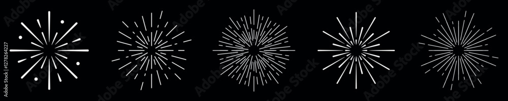 Poster set of five abstract starburst designs. starburst patterns in black and white. each starburst featur