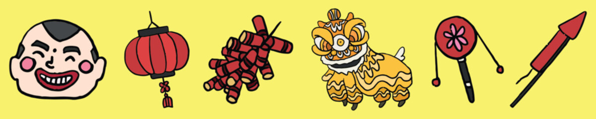 Colorful Chinese New Year icons: smiling face, red lantern, firecrackers, lion dance and rocket. Festive, cultural, and traditional symbols. Hand drawn Chinese New Year illustrations, vector set.
