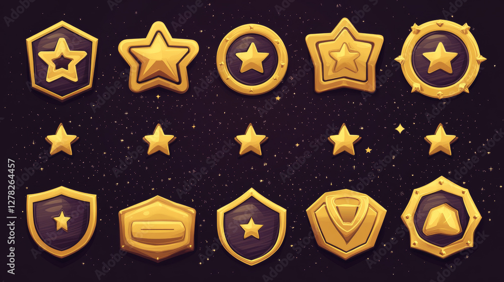 Aufkleber game golden badges of level number with rating stars isolated on background. vector cartoon icons se