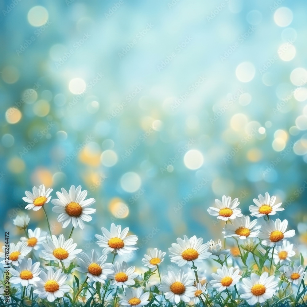 Poster serene daisy field under a soft blue sky with bokeh lights creating a dreamy and calming atmosphere 