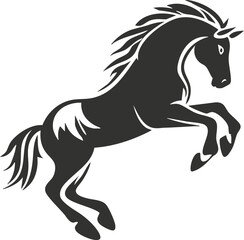 Black silhouette of a jumping horse with flowing mane and tail.