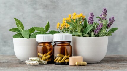 A collection of herbal supplements alongside fresh plants in pots, emphasizing natural health and wellness.