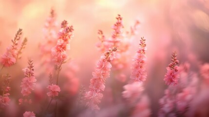Fototapeta premium Breathtaking pink blossoms stretch across a vibrant meadow, petals unfurling gracefully against the open sky. Sunlight dances on each delicate bloom, capturing nature's symphony in full color and life