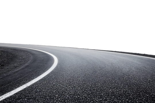 A curved asphalt road with white lines isolated on white background.PNG