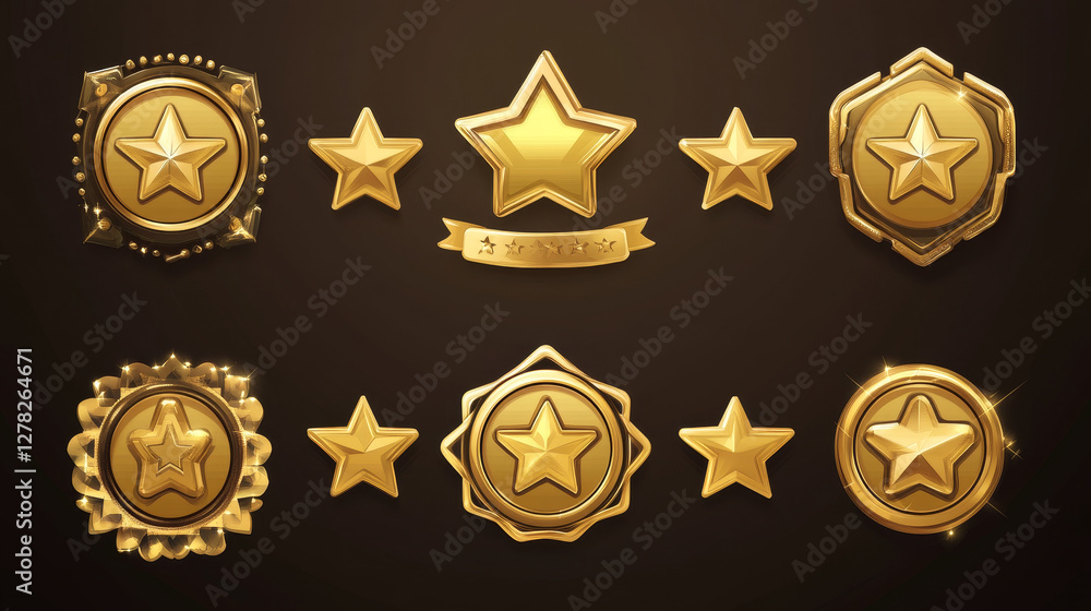 Aufkleber game golden badges of level number with rating stars isolated on background. vector cartoon icons se