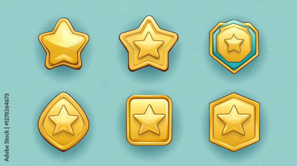 Aufkleber game golden badges of level number with rating stars isolated on background. vector cartoon icons se