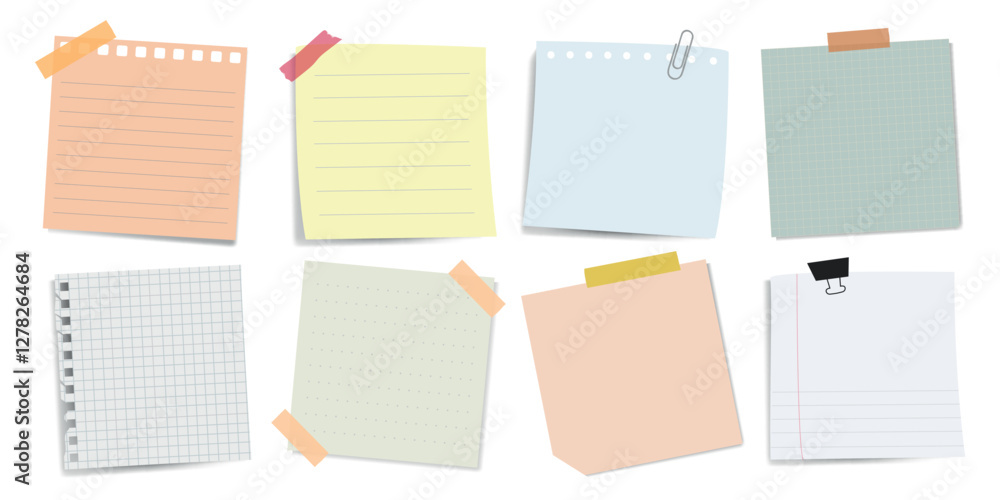 Poster colorful sticky notes, various shapes and sizes. sticky notes with lines, grids, and blank. sticky n