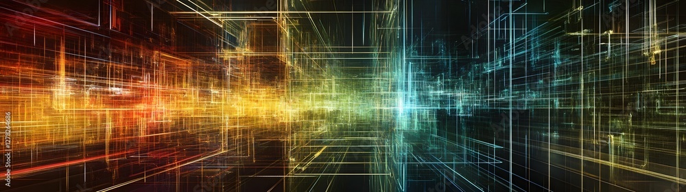 Poster Vibrant Futuristic Digital Landscape with Neon Energy Streams and Fractal Pattern  Abstract technological background with glowing lines data matrix and dynamic digital art elements