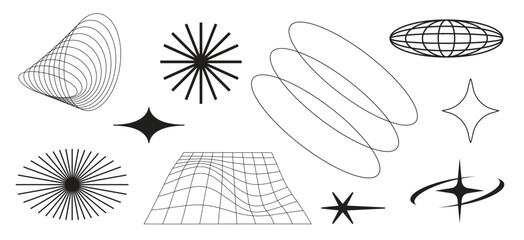 Abstract geometric shapes, including spirals, stars, and grids. Black and white abstract designs with spirals, stars, and grids. Dynamic abstract patterns. Cool geometric shapes, element set. Vectors.