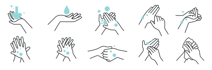 Illustration of handwashing steps. Hands with soap, water, bubbles. Step-by-step handwashing guide. Clean hands, hygiene, handwashing technique. Hygiene illustrations, vector set.