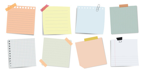 Colorful sticky notes, various shapes and sizes. Sticky notes with lines, grids, and blank. Sticky notes with clips and tape. Sticky notes for reminders. Pastel element set with copy space. Vectors.