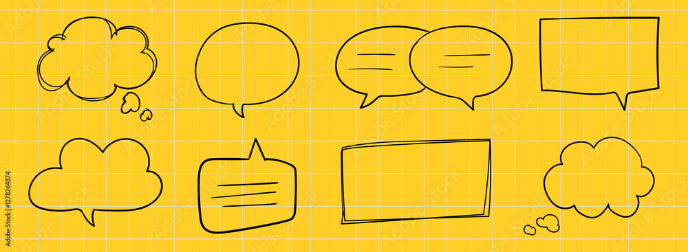 Poster collection of speech bubbles on a yellow grid background. speech bubbles in various shapes. speech b