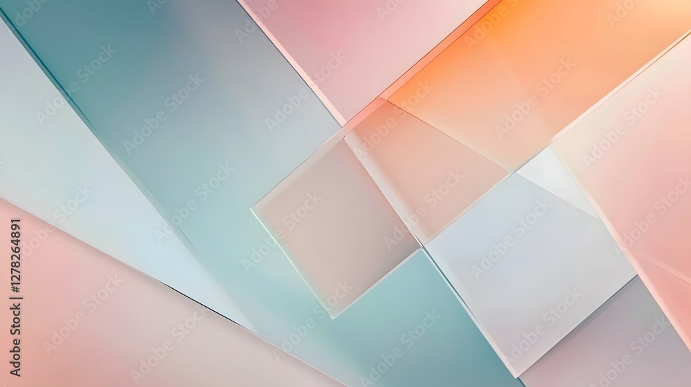 Poster vibrant geometric abstraction with intersecting pastel colored shapes and patterns evoking a sense o