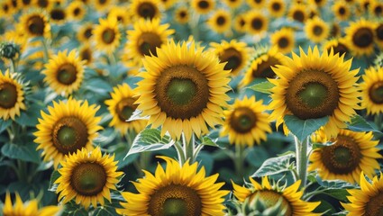 Fototapeta premium Vibrant Close-Up of Sunflower Bloom with Lush Green Leaves and Copy Space for Text in Beautiful Field of Sunflowers