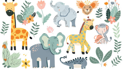 Naklejka premium Cute Safari Animal Illustrations Set with Giraffes, Elephants, Lions and Leaves in Pastel Colors.