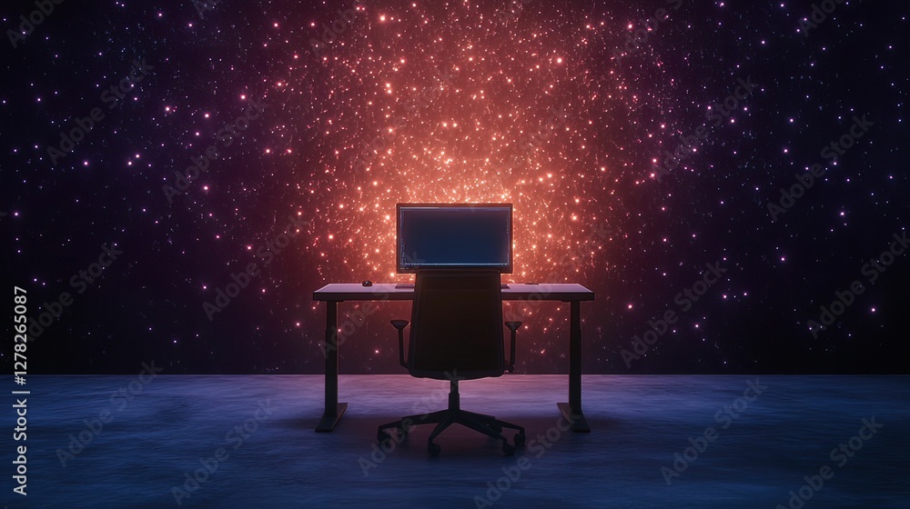 Poster serene workspace with glowing security firewall digital environment tech concept calm viewpoint for 